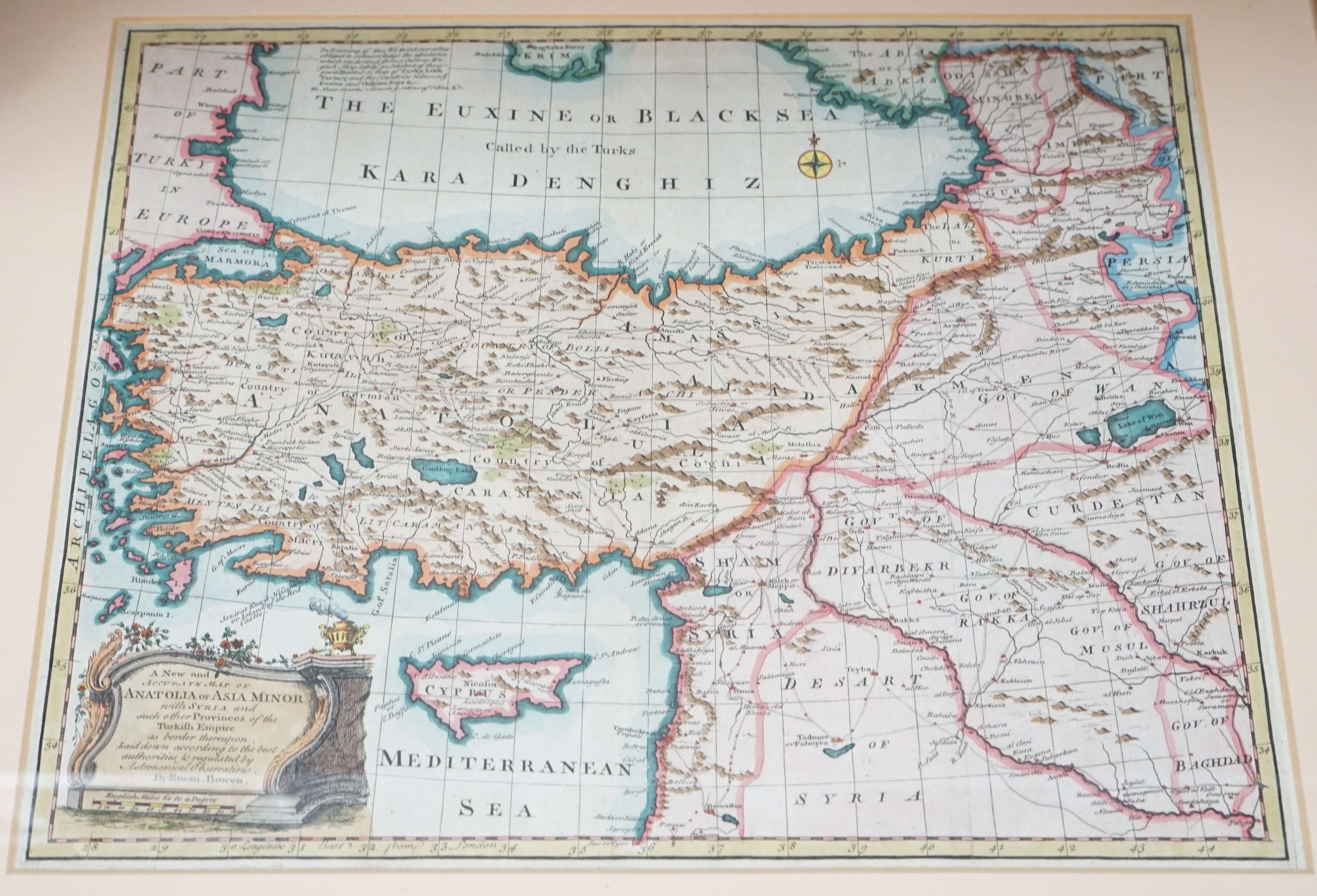 After Emanuel Bowen (1694-1767), hand coloured engraved map of Anatolia or Asia Minor, 35 x 43cm. Condition - fair, some light discolouration commensurate with age